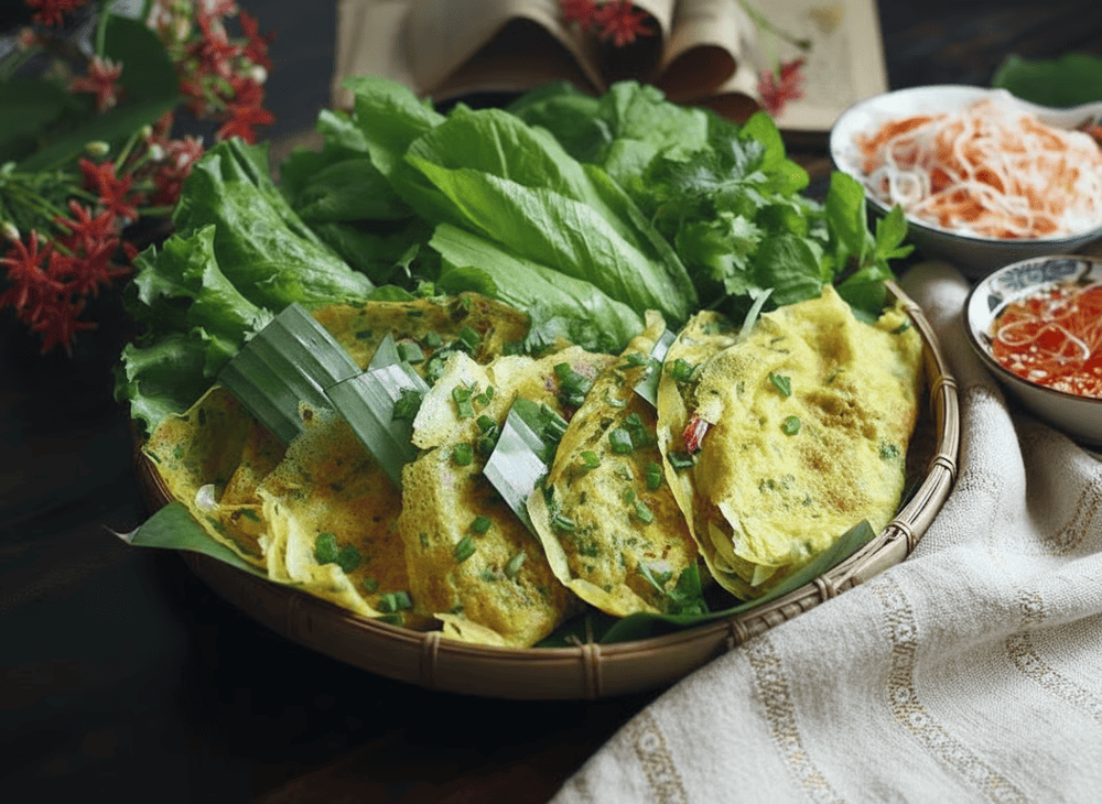 Bánh xèo Côn Đảo nổi bật với lớp vỏ vàng ươm bắt mắt, bên trong là phần nhân làm từ hải sản tươi sống